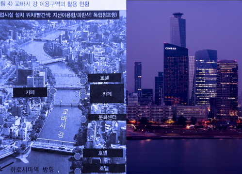 히로시마를 낀 물줄기를 따라 수상교통이 활용되고 이는 다양한 볼거리가 발전하는 인프라가 된다. 왼쪽 자료는 2017년 학술논문집 국토 429호에 실린 히로시마 자료. 오른쪽 사진은 콘래드 서울 주변의 풍경. 여의도 선착장과 선박교통을 활성화하면 외국 도시 케이스처럼 한강과 관광의 시너지가 기대된다. ⓒ 국토연구원/콘래드 서울