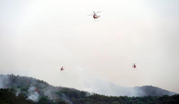 1일 오전 경남 밀양시 부북면 산불현장에서 산불진화헬기들이 물을 뿌리며 산불을 진화하고 있다. ⓒ 산림청