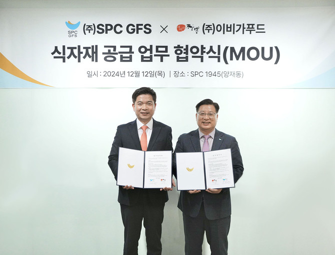 (왼쪽부터) 변성구 이비가푸드 대표와 강동만 SPC GFS 대표가 13일 SPC1945 본사에서 식자재 공급 업무협약을 체결하고 기념사진을 촬영하고 있다. ⓒ SPC