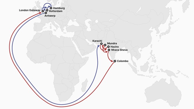 INX(India North Europe Express) 서비스. ⓒ HMM