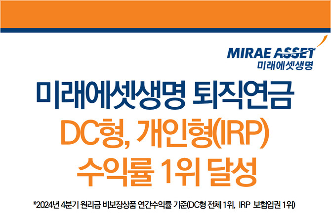 미래에셋생명은 자사의 퇴직연금 확정기여형(DC형) 연간수익률이 전 금융권 가운데 1위를, 개인형(IRP)은 보험업권에서 1위를 차지했다고 17일 밝혔다. ⓒ 미래에셋생명