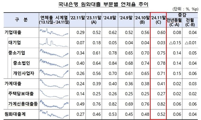 국내은행 원화대출 부문별 연체율 추이. ⓒ 금융감독원