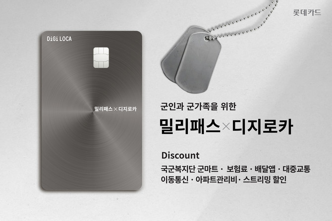 롯데카드는 한국특수인증정보원의 군인 모바일 신분인증 플랫폼 '밀리패스'와 협업해 '밀리패스 X 디지로카' 카드를 선보였다고 11일 밝혔다. ⓒ 롯데카드