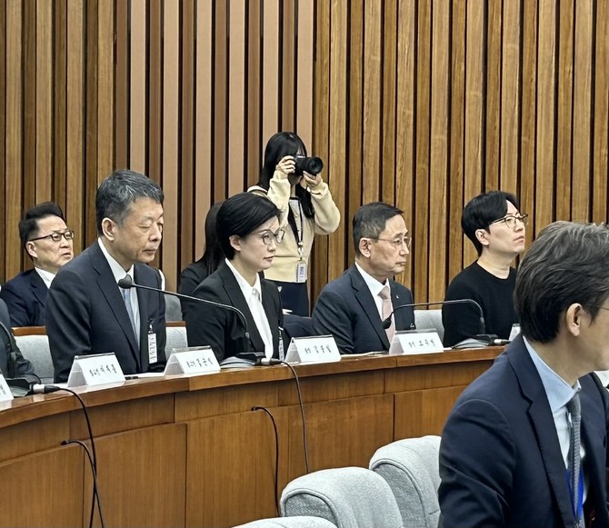 18일 국회에서 열린 정무위원회 홈플러스 기업회생절차에 대한 현안질의에서 홈플러스 경영진이 출석했다. (왼쪽부터) △김광일 MBK파트너스 부회장 겸 홈플러스 공동 대표 △조주연 홈플러스 공동 대표 △금정호 신영증권 사장 △강경모 홈플러스 입점협회 부회장. =배예진 기자
