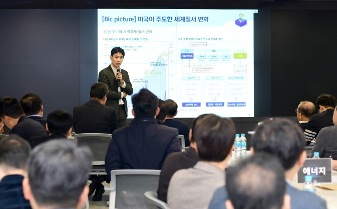 지난 20일 에코파트너스 정기총회에서 박석중 신한투자증권 부서장이 2025년 글로벌 경제·경영환경 전망에 대한 강연을 진행하고 있다. Ⓒ SK에코플랜트