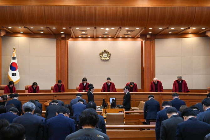 4일 서울 종로구 헌법재판소 대심판정에 윤석열 대통령 탄핵심판 선고를 위해 헌법재판관들이 입장하고 있다. © 연합뉴스