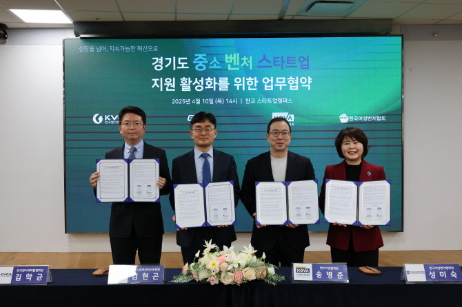 (오른쪽부터) 성미숙 회장, 송병준 회장, 김현곤 원장, 김학균 회장 ⓒ 한국여성벤처협회