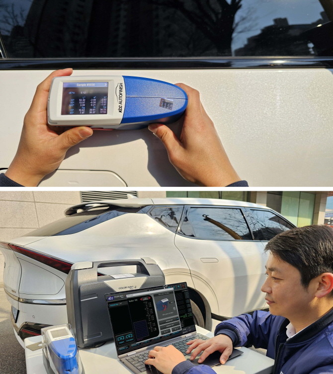 (상)칼라나비플러스로 자동차 외장을 측색하는 모습, (하)측색 후 색상 데이터를 확인하는 모습. © KCC