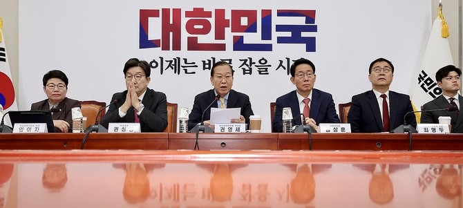 권영세 국민의힘 비상대책위원장(가운데)이 14일 국회에서 열린 비상대책위원회 회의에서 발언하고 있다. ⓒ 연합뉴스