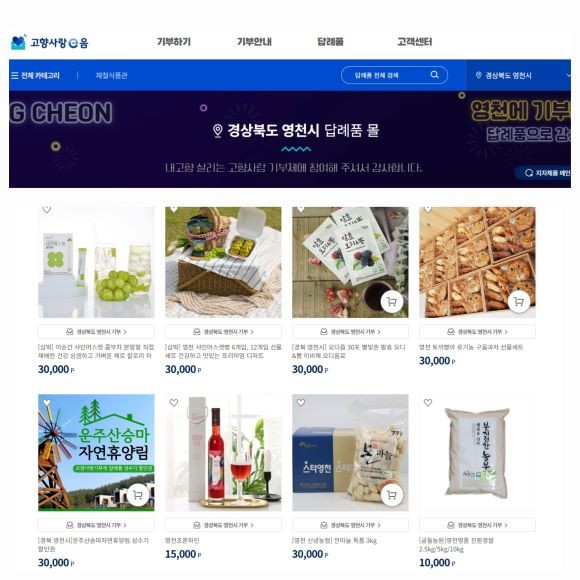 영천시 고향사랑기부 답례품몰 화면. ⓒ 영천시