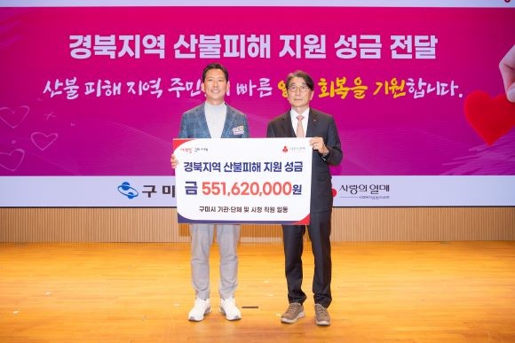 김장호 구미시장(왼쪽)이 경북지역 산불피해 지원 성금을 경북사회복지공동모금회에 전달했다. ⓒ 구미시