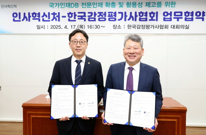 양길수 한국감정평가사협회 회장(오른쪽)과 연원정 인사혁신처 처장(왼쪽)이 기념사진을 촬영하고 있다. © 한국감정평가사협회
