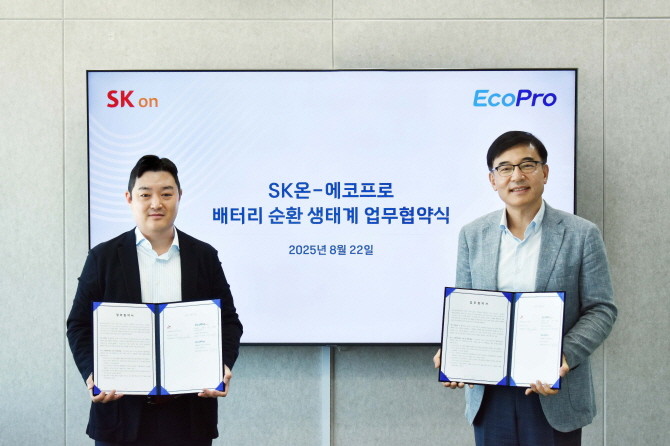 이경민 SK온 사업개발실장(왼쪽)과 박석회 에코프로씨엔지 대표(오른쪽)가 지난 22일 에코프로 서울사무소에서 배터리 순환 생태계 업무협약을 맺은 뒤 기념촬영을 하고 있다. ⓒ SK온