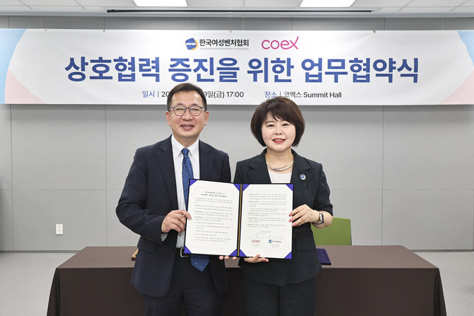 (좌측부터) 조상현 코엑스 사장·성미숙 회장 ⓒ 한국여성벤처협회