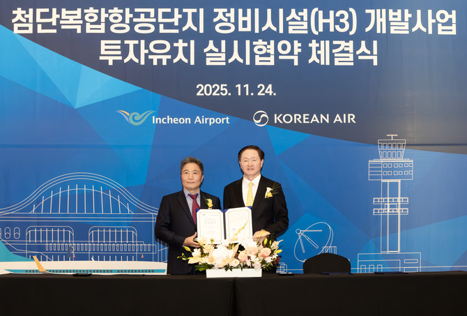 우기홍 대한항공 부회장(오른쪽)이 협약 체결 후 이학재 인천국제공항공사 사장과 기념촬영을 하고 있다. ⓒ 대한항공