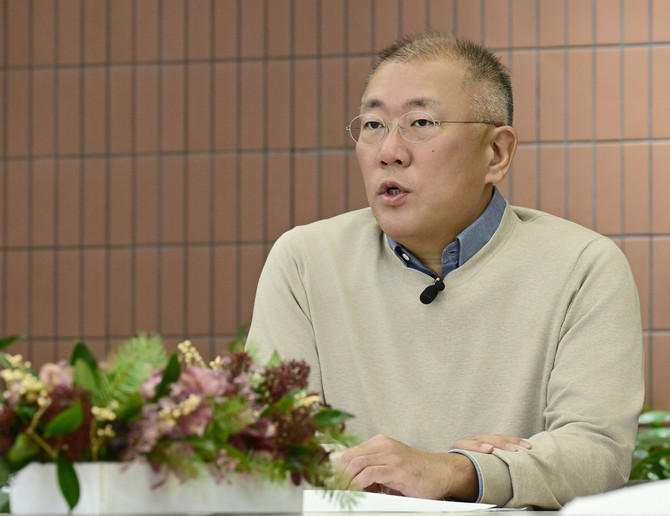 현대차그룹 2026년 신년회에서 그룹 임직원들에게 새해 메시지를 전하고 있는 정의선 회장. ⓒ 현대자동차그룹