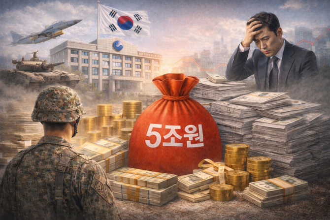 정부가 지난해 국방비 일부를 제때 지급하지 못한 가운데, 지난달 일시 자금 부족으로 한국은행에서 지난해 9월 이후 석 달 만에 5조원을 빌려 쓴 것으로 나타났다. © 챗GPT 생성 이미지