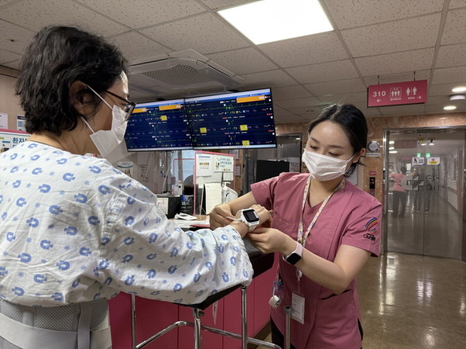 간호사가 환자에게 스마트 병상 모니터링 시스템 '씽크'와 연동되는 웨어러블 기기를 착용시키고 있다. © 대웅제약