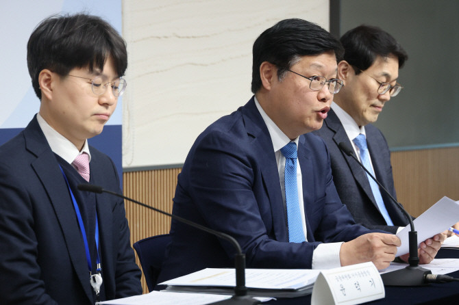 조만희 재정경제부 세제실장과 윤덕기 금융위원회 거시금융팀장(왼쪽), 박준형 국토교통부 토지정책관(오른쪽)이 12일 정부세종청사에서 '다주택자 양도소득세 중과 유예 종료 및 보완 방안'에 대해 브리핑하고 있다. Ⓒ 연합뉴스