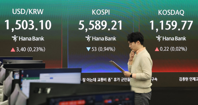 26일 오전 서울 중구 하나은행 딜링룸 현황판에 코스피 지수 등이 표시되고 있다. ⓒ 연합뉴스