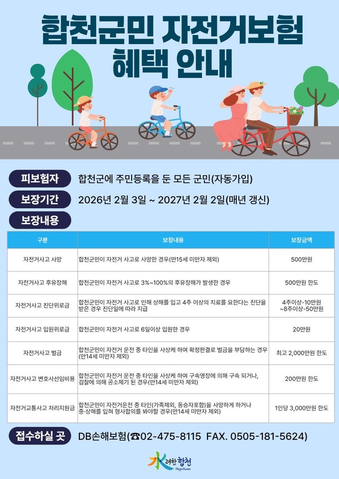 합천군이 군민들의 자전거 이용 활성화와 안전사고에 대비하기 위해 가입한 '2026년 합천군민 자전거 단체보험' 안내 포스터. ⓒ 합천군