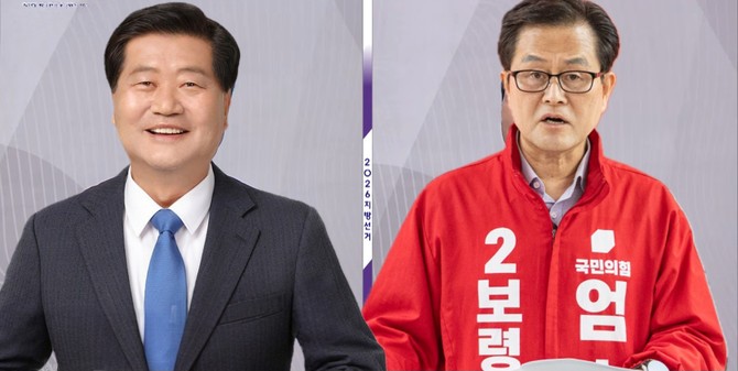 왼쪽부터 더불어민주당 이영우 후보, 국민의힘 엄승용 후보. = 오영태 기자