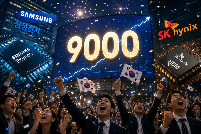 삼성전자와 SK하이닉스가 이끈 반도체 랠리에 코스피가 사상 첫 9000선 고지를 밟았다. ⓒ 챗GPT 생성 이미지