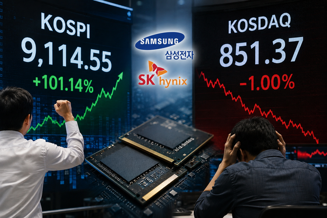 코스피는 역대 최고 랠리를 기록했지만, 반도체 쏠림 속 코스닥은 제자리에 머물며 상반기 증시의 양극화가 뚜렷하게 나타났다. ⓒ 챗GPT 생성 이미지
