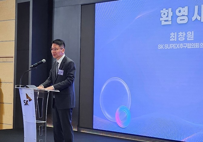 최창원 SK수펙스추구협의회 의장이 2일 서울 중구 SKT타워에서 열린 SK-공정위 상생협약 체결식에서 환영사를 하고 있다. = 박지혜 기자