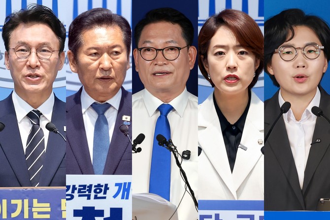 당 대표 출마 후보자들. 왼쪽부터 김민석 전 총리, 정청래 전 대표, 송영길 의원, 고민정 의원, 김보미 전 강진군의원. ⓒ 연합뉴스