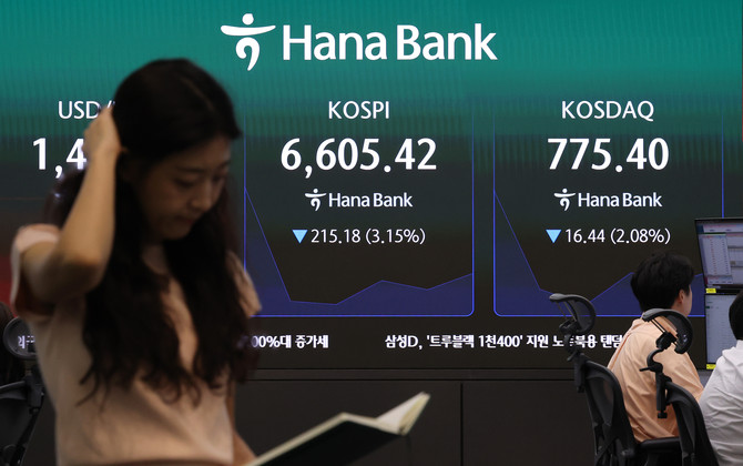 코스피가 하락 출발해 장 초반 6500대까지 밀린 20일 서울 중구 하나은행 딜링룸 현황판에 코스피와 코스닥이 표시되고 있다. ⓒ 연합뉴스