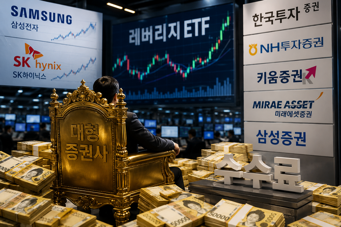 삼성전자·SK하이닉스 등 단일종목 레버리지 ETF 거래가 활발해지면서 증권사 수수료 수익이 931억원에 달한 가운데 상위 5개사가 전체의 66.8%를 차지했다. ⓒ 챗GPT 생성 이미지