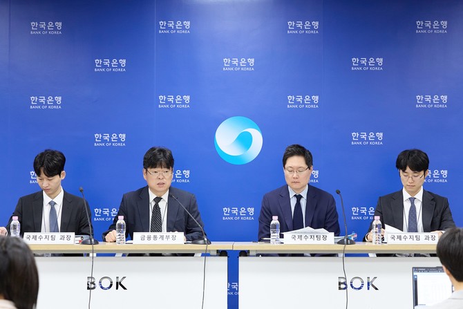 유성욱 한국은행 금융통계부장(왼쪽에서 두번쨰)이 7월 경상수지에 대해 설명하고 있다. ⓒ 한국은행