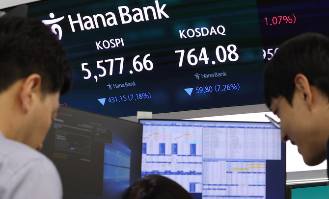 15일 서울 중구 하나은행 본점 딜링룸 전광판에 코스피와 코스닥, 원·달러 환율이 표시돼 있다. ⓒ 연합뉴스